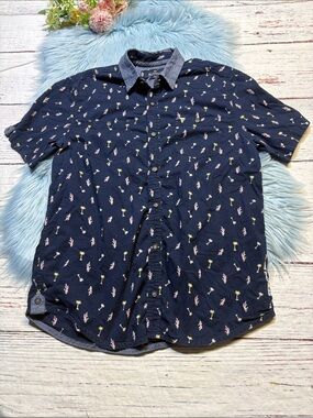 Buffalo David Bitton Tropical Hawaiian Navy Graphic Short Sleeve Button Down